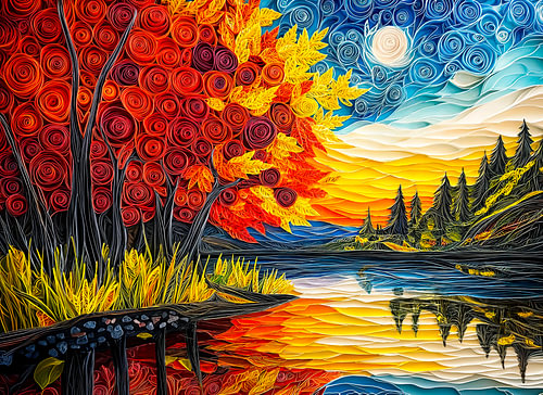 Een herfsttafereel aan het Indian Summer-meer, uitgevoerd in quilling
