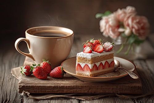Aardbeientaart met Koffie - Klassiek Dessert Stilleven