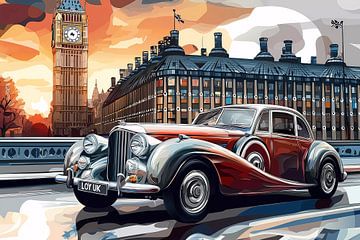 A retro car on a city street with trees of a boulevard. by Ariadna de Raadt-Goldberg
