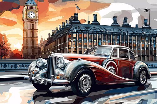 Een retro auto op een stadsstraat met bomen van een boulevard.