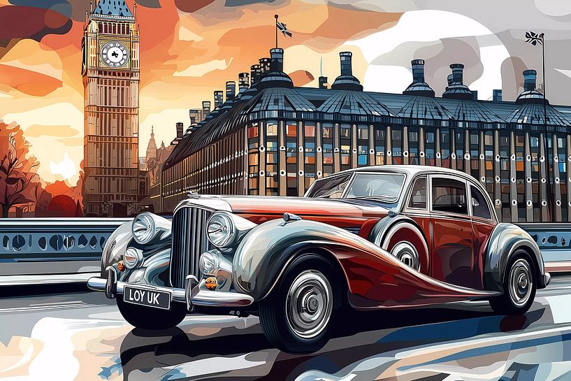 A retro car on a city street with trees of a boulevard. by Ariadna de Raadt-Goldberg