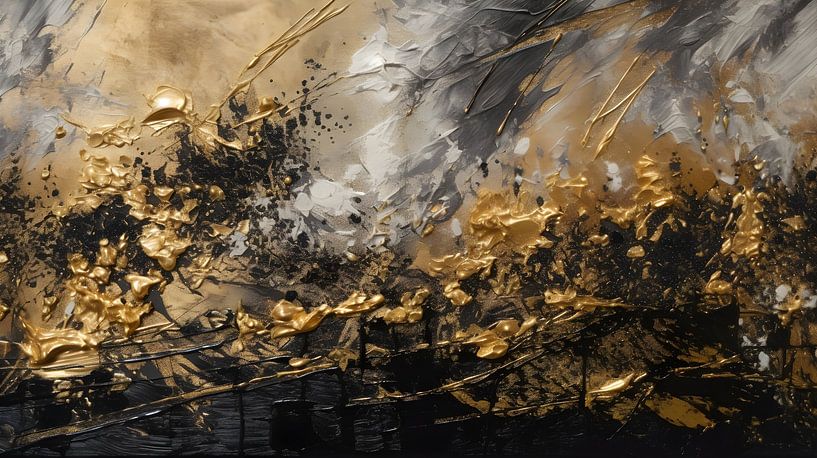 Goud en Zwart Schilderij Langwerpig | Woonkamer van AiArtLand op canvas, behang en meer