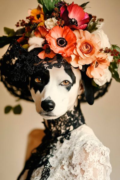 Elegant dog model with flower wreath by Poster Art Shop