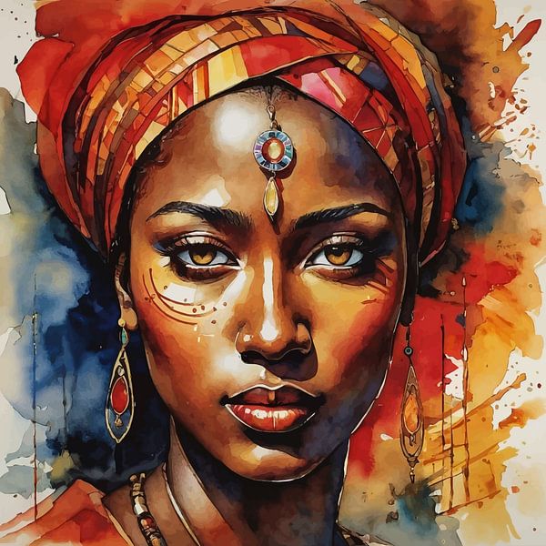 Abstrakte Aquarellmalerei einer afrikanischen Frau von MIROKKU