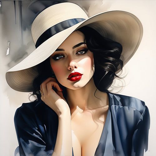 Beauté aux cheveux foncés avec chapeau - portrait à l'aquarelle