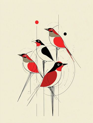 Minimalistische vogels in rood en zwart