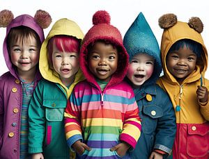 Fünf glückliche Kleinkinder in Regenbogenfarben
