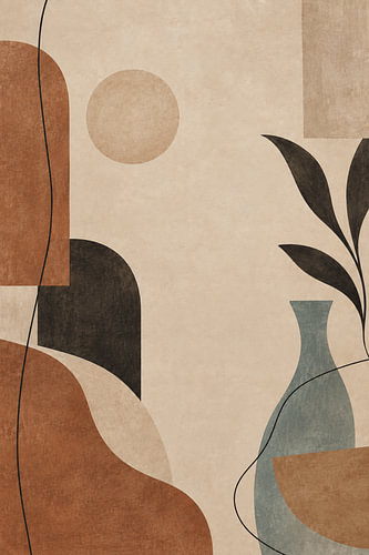 Abstrakte botanische Kunst im Bohème-Stil, geometrische Pflanzenmotive in Erdtönen, modernes, minimalistisches Naturdesign