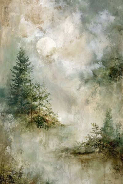 Mistig Bos - Groen Beige Dromerig Schilderij van BowiScapes - Fine Art Landschappen