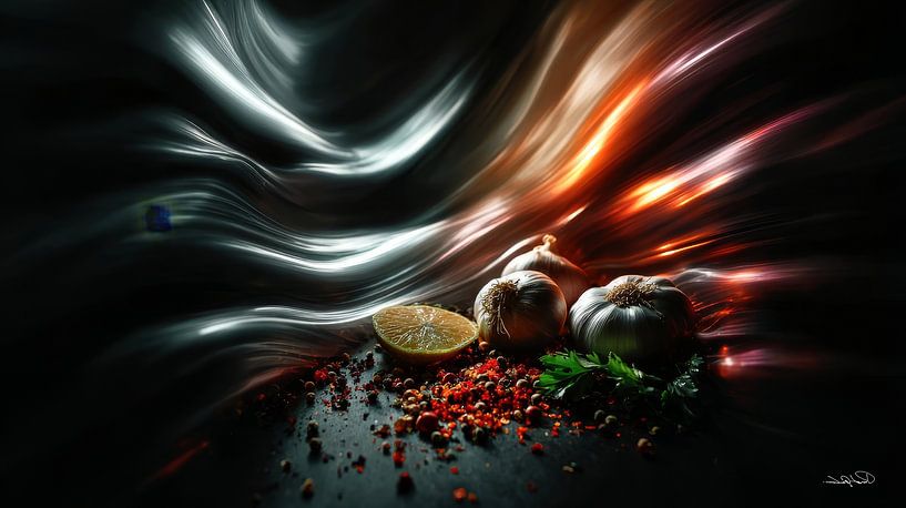 red peppers - garlic - lime - lemon on a black background with dramatic light by Gelissen Artworks