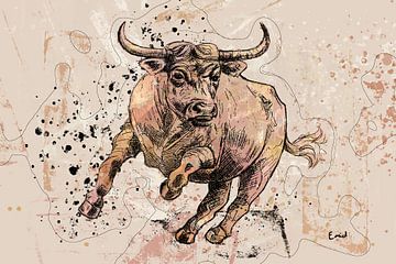 Kleurige tekening van een stier van Emiel de Lange