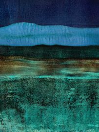 Stimmungsvolle, minimalistische Landschaft. Abstrakte Malerei in blau, grün, rostig braun von Dina Dankers