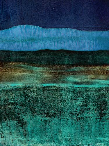 Sfeervol minimalistisch landschap. Abstract schilderij in blauw, groen, roestbruin