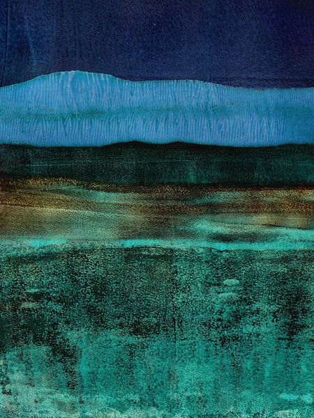 Paysage cinématique minimaliste. Peinture abstraite en bleu, vert, brun rouille. par Dina Dankers