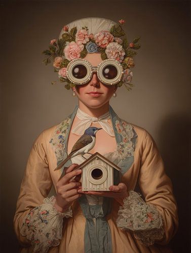 Portrait onirique avec un oiseau et l'imagination