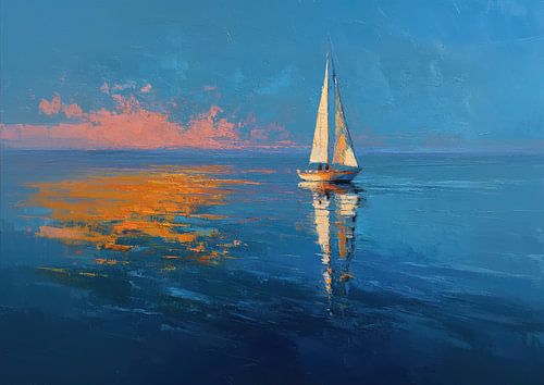 Zeilboot in de zonsondergang - olieverfschilderij