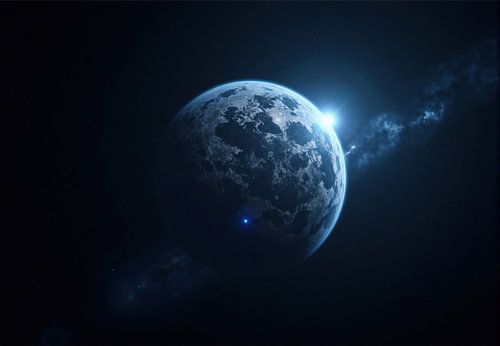 Blauw-witte planeet in donkere ruimte
