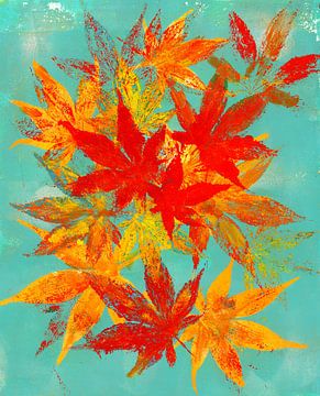 Rode bladeren van Japanse esdoorn op blauw acrylschilderij van Karen Kaspar