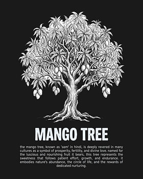 Minimalistisches Poster mit Strichzeichnung eines Mangobaums – Black Edition