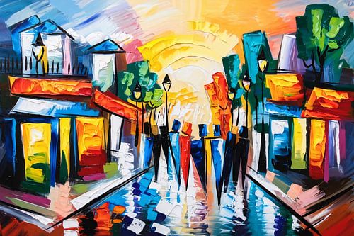 Kleurrijke abstracte stadsstraat schilderij