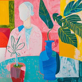 Kleurrijk modern en abstract portret met botanische elementen van Studio Allee
