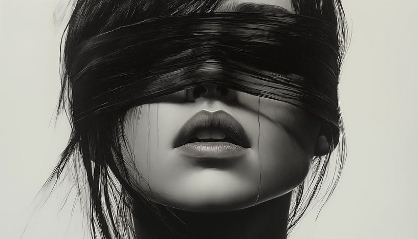 Vrouw met blinddoek zwart - wit artistiek panorama van TheXclusive Art