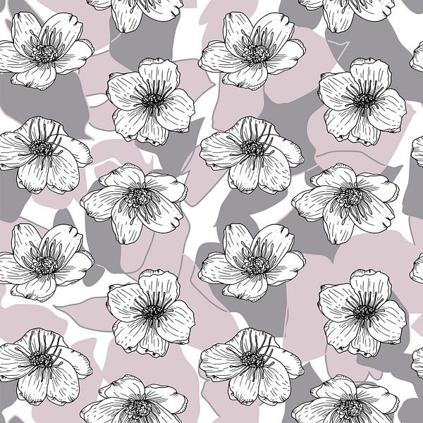 Flowers in retro style. Modern abstract botanical art. Pastel colors old pink and taupe grey by Dina Dankers