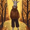 Portrait d'une chèvre avec un pull et un pantalon dans une forêt d'automne sur Maud De Vries
