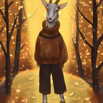 portret van een geit met trui en broek in een herfstbos van Maud De Vries