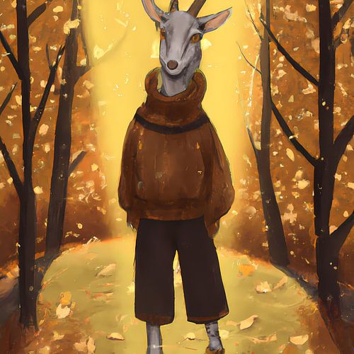 portret van een geit met trui en broek in een herfstbos