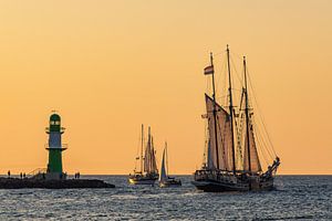 Segelschiffe im Sonnenuntergang auf der Hanse Sail in Rostock