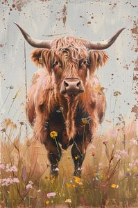 Schottische Highlander-Kuh auf der Wildblumenwiese