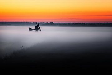 Brouillard sur Texel pendant le coucher du soleil.