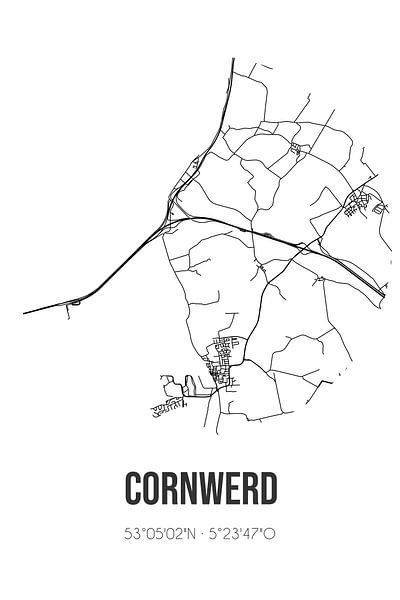 Cornwerd (Fryslan) | Landkaart | Zwart-wit van Stad & Wand