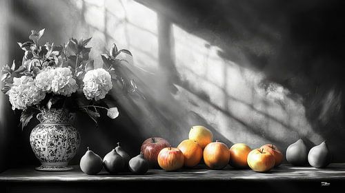 zwart wit stilleven van bloemen en fruit in een extreem dramatisch licht