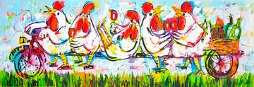 Hühnerspaß auf dem Tandem | Panorama von Vrolijk Schilderij