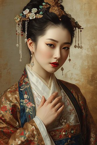 Originele Chinese vrouw in traditionele kleding en juwelen uit de 18de eeuw.