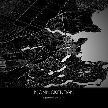 Zwart-witte landkaart van Monnickendam, Noord-Holland. van Rezona