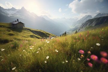 Mountain hut in a meadow with flowers by Studio Allee