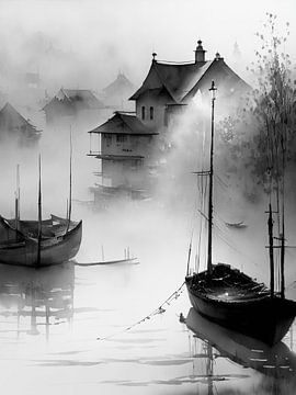 Black And White Village Painting by TOAN TRAN