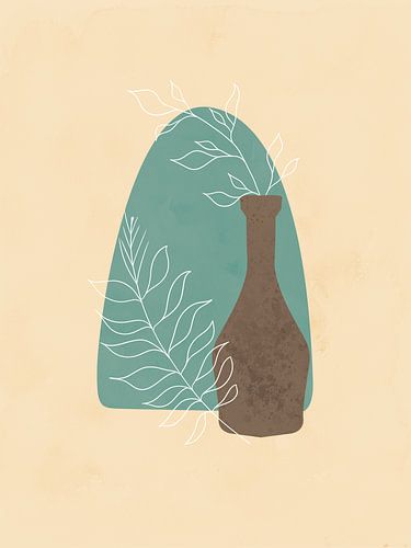 Stilleven van een fles en twee takken met bladeren