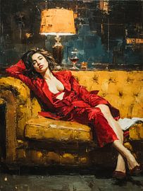 Portrait of a Woman on a Velvet Sofa – Expressive Oil Painting in Deep Red Tones by Roger VDB