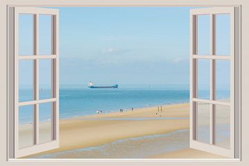 Uitzicht vanuit het raam op het strand (zeezicht, 3D)