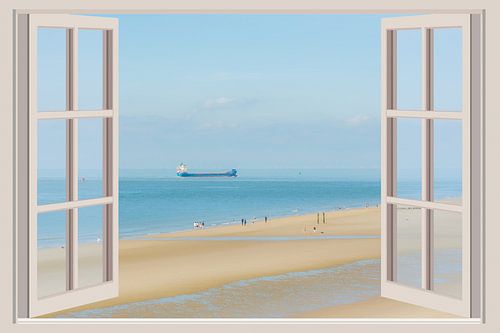 Blick aus dem Fenster auf den Strand (Meerblick, 3D)