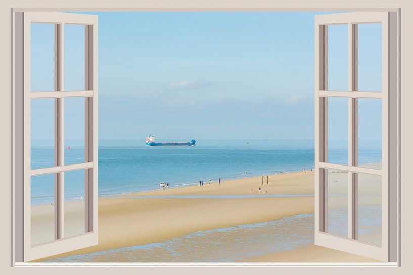 Uitzicht vanuit het raam op het strand (zeezicht, 3D) van Fotografie Jeronimo