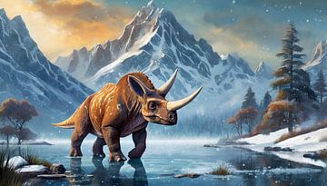 Triceratops dinosaur goes alone into the cold lake, art design by Animaflora PicsStock