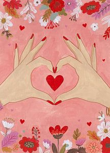 Amour et fleurs avec des mains de femmes en forme de coeur