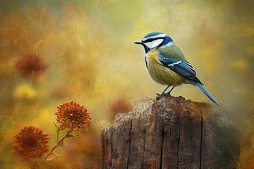Blauw Gele Pimpelmees - Sfeervol Herfst Schilderij van Joriali fotografie en schilderijen