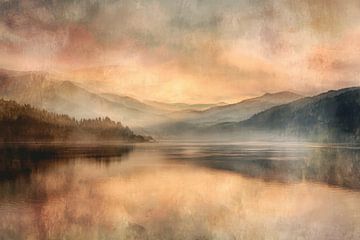 Verträumter Bergsee - Warme Kunstlandschaft von BowiScapes – Landschaftskunst