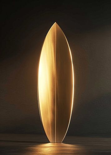 Ein goldenes Surfbrett, das aufrecht in einer dunklen, minimalistischen Kulisse steht